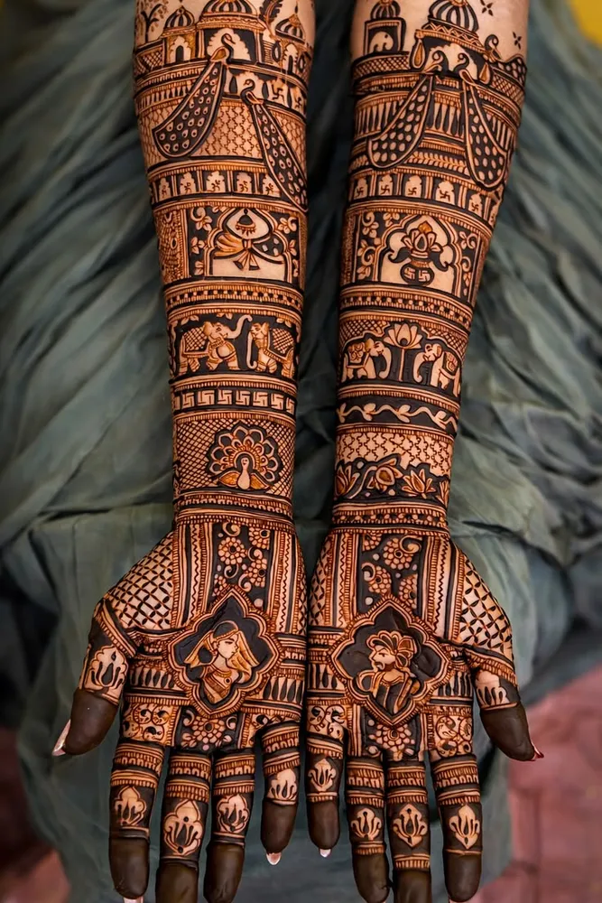 Intricate palm finery and symmetrical bridal henna grid applied with natural henna