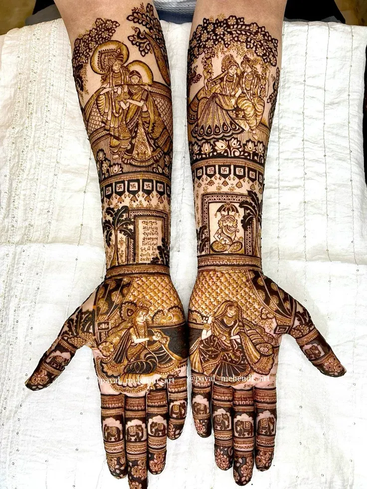 Handcrafted Radha Krishna portrait sketch in bridal henna art